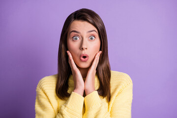 Sticker - Photo portrait of surprised shocked upset girl staring with opened mouth touching face with both hands isolated on bright color purple background