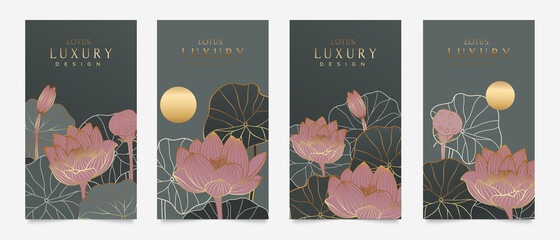 Wall Mural - Luxury cover design template. Lotus line arts hand draw gold lotus flower and leaves. Design for packaging design, social media post, cover, banner, creative post, Gold geometric pattern design vector