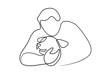 Man hugs his dog. Continuous line art drawing style. Pet lover minimalist black linear sketch isolated on white background. Vector illustration