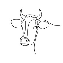 Cow Head In Continuous Line Art Drawing Style. Horned Cow Portrait Minimalist Black Linear Sketch Isolated On White Background. Vector Illustration