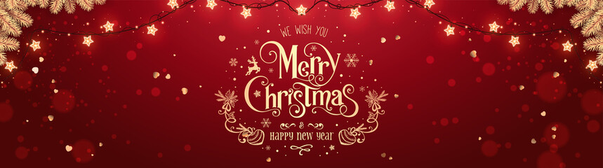 Wall Mural - gold christmas and new year text lettering on red xmas background with glitter gold confetti, bokeh,