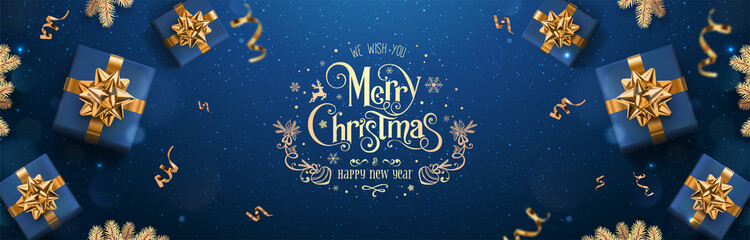 Wall Mural - gold merry christmas and new year text on dark blue background with christmas gift boxes, golden fir