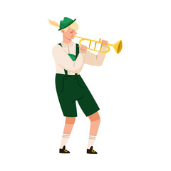 Wall Mural - Young Man in Lederhosen Playing Trumpet Vector Illustration