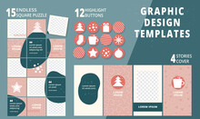 Set Of Social Media Puzzle Template Christmas Design, Highlight Buttons, Stories Cover. Endless Square Winter, Advent Puzzle. Ig Editable Collage Post Frame. Abstract Backgrounds Vector Illustration
