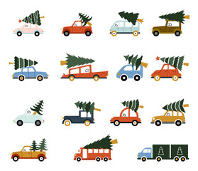 Red retro car with a fir tree. Happy New Year concept. A car with a tree on the roof. Christmas transport. New Year s car. Vector flat style illustration.