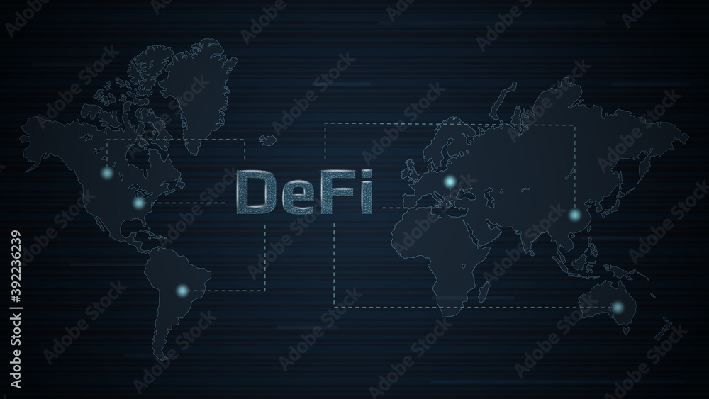 DeFi decentralized finance on world map with dots. An ecosystem of ...