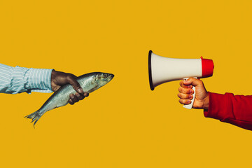 Fish talking. Modern art collage in pop-art style. Hands isolated on trendy colored background with copyspace, contrast. Modern design with copyspace for advertising. Trendy colors.