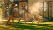 © Gorodenkoff - Father, Daughter, Son Play With Loyal Golden Retriever, Dog Tries to Catch Water from Garden Water Hose. Family Spending Fun Outdoors Time Together in Backyard. Golden Hour Sunset.