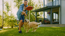 Handsome Man Plays Catch Flying Disc With Happy Golden Retriever Dog On The Backyard Lawn. Man Has Fun With Loyal Pedigree Dog Outdoors In Summer House Backyard.