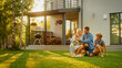 © Gorodenkoff - Smiling Father, Mother and Son Pet and Play with Smooth Fox Terrier Retriever Dog. Sun Shines on Idyllic Happy Family with Loyal Pedigree Dog have Fun at the Idyllic Suburban House Backyard