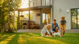 Smiling Father, Mother and Son Pet and Play with Smooth Fox Terrier Retriever Dog. Sun Shines on Idyllic Happy Family with Loyal Pedigree Dog have Fun at the Idyllic Suburban House Backyard