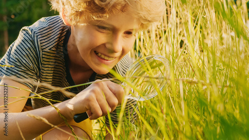 Cuadros en Lienzo Handsome Young Naturalist Scientist Explores Plant Life and Insect Life with Magnifying Glass