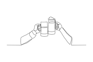 Wall Mural - continuous line drawing of hand cheering and  holding glass wine liquor. Vector illustration