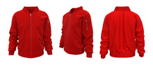 Red Bomber Jacket Mockup In Front, Back And Side Views, Design Presentation For Print, 3d Illustration, 3d Rendering