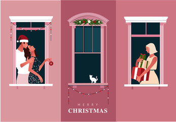 New Year or Christmas celebration. Lockdown. Quarantine life. Window frames with neighbors celebrating. Colorful vector illustration in modern flat style.