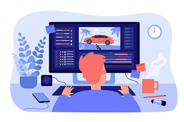 animator sitting at workplace and creating motion design isolated flat vector illustration. cartoon 