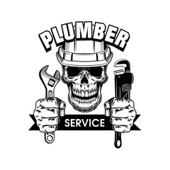 Plumbers instruments vector illustration. Skull in hardhat, hands holding adjustable spanners and service text. Plumbing or job concept for emblems and labels templates