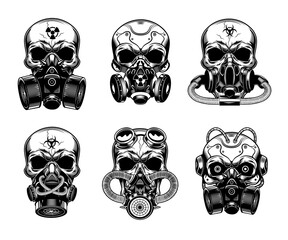 Wall Mural - Skulls in respirator vector illustrations set. Head of skeleton In various gas masks. Danger or biohazard concept for badges, emblems or tattoos templates