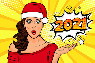 Waiting for new year. Brunette girl looking at 2021. Pop art retro comic style illustration.