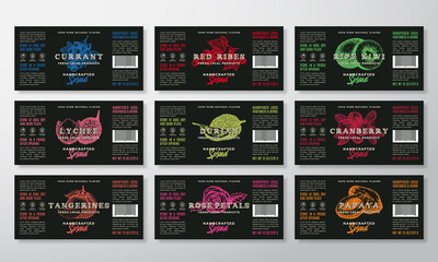 Wall Mural - Handcrafted Spread or Jam Labels Template Collection. Abstract Vector Packaging Design Layouts Set. Modern Typography Banners with Hand Drawn Fruits, Berries and Rose Silhouettes Background. Isolated