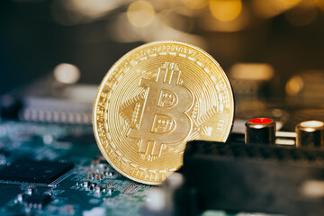 Wall Mural - Gold coins with bitcoin symbol on green motherboard.