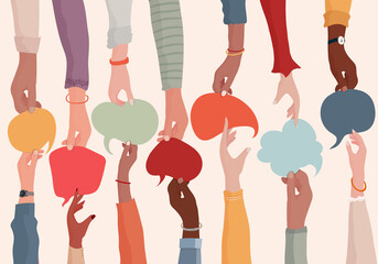 Poster - Agreement or affair between a group of colleagues or collaborators.Diversity People who exchange information.Arms and hands holding speech bubble.Concept of sharing and exchange.Community