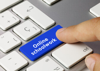 Poster - Online schoolwork - Inscription on Blue Keyboard Key.