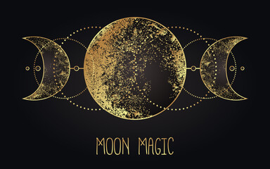 Moon magic. Triple moon pagan Wicca moon goddess symbol. Three-faced Goddess. Maiden, Mother, Crone vector illustration. Tattoo, astrology, alchemy, boho and magic symbol golden over black.