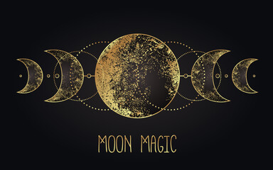 moon magic. triple moon pagan wicca moon goddess symbol. three-faced goddess. maiden, mother, crone 
