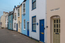 View Of Colourful Houses Overlooking The Old Harbour And Quayside Houses At Dusk, Weymouth, Dorset
