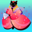 Gato japonés con fondo abstracto y vestimenta extravagante