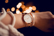 Beautiful white watch on woman hand