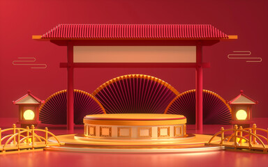Wall Mural - Creative drawing of 3D Chinese style product display platform
