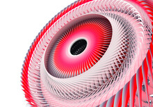 3d Render Of Abstract Art Part Of Surreal Turbine Jet Engine With Sharp Swirl Rotor Fractal Blades In White And Red Ceramic Material With Hole In The Centre On Isolated White Background
