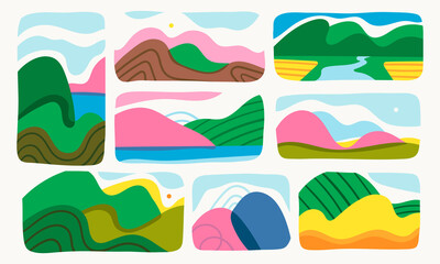 Wall Mural - Mountains, river, lake, hills, sky view. Flat Abstract design. Cutout style. Various lanscapes. Set of hand drawn trendy Vector illustrations. Wallpaper Templates. Different backgrounds. Bright colors