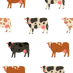 Wall Mural - Various Cows. Side view. Cute animals. Hand drawn trendy Vector illustration. Funny characters. Cartoon style. Flat design. Colorful square Seamless Pattern. Background, Wallpaper