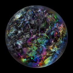 Wall Mural - 3d render of abstract art with surreal glass 3d ball with organic curve round wavy substance in bio forms looks like unusual planet based on metal rock in purple and yellow gradient color on black