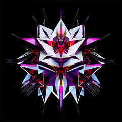 3d render of abstract art with surreal fractal alien star flower based on connected pyramids geometry figures in white plastic material with glass parts in red purple gradient color on black back