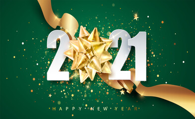 Wall Mural - 2021 green Happy New Year vector background with golden gift ribbon, confetti, white numbers. Christmas celebrate design. Festive premium concept template for holiday