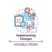 Implementing Changes Concept Icon. Business Consulting Stage Idea Thin Line Illustration. Organizational Change Management. Vector Isolated Outline RGB Color Drawing. Editable Stroke