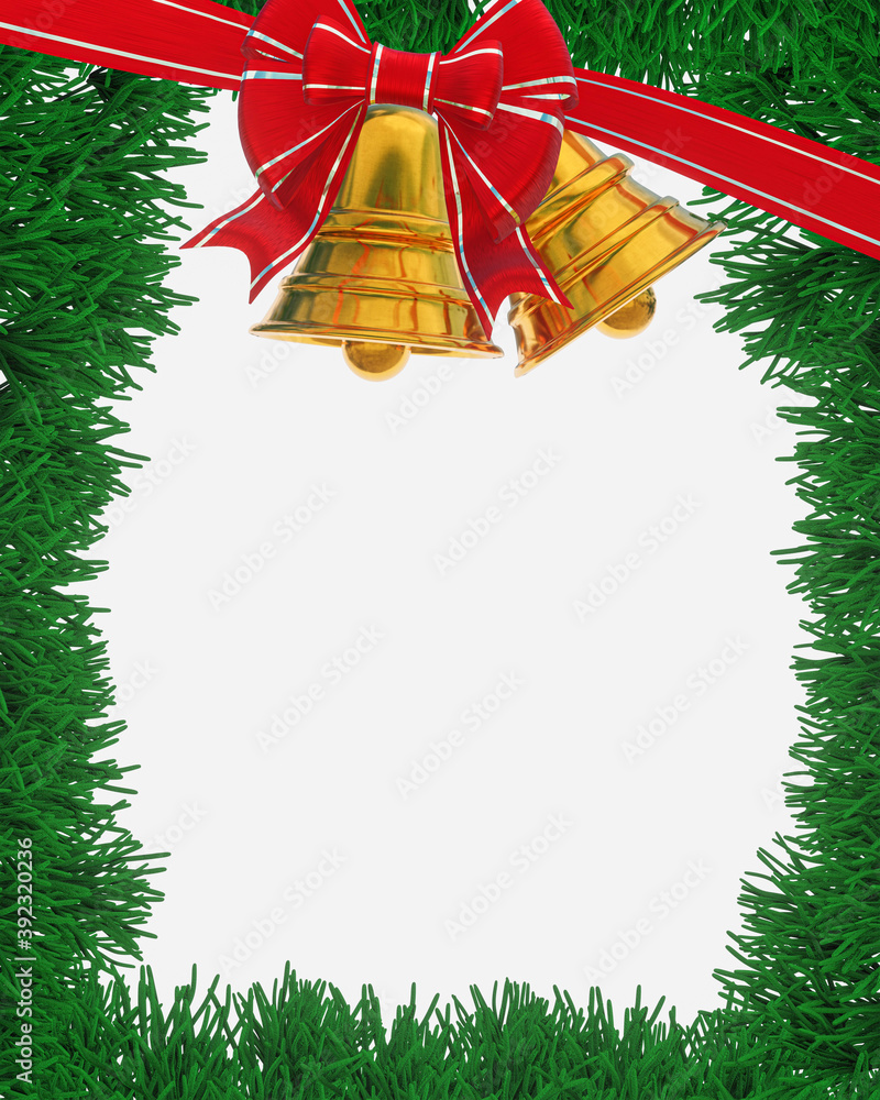 Frame or border template for a Christmas card. Red ribbon or bow, silver  border for gift boxes. Pine leaves for Christmas decoration. 3D Rendering  Stock Illustration | Adobe Stock, image size:800x1000