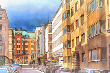 Street In Old Town Colorful Painting, Helsinki, Finland.