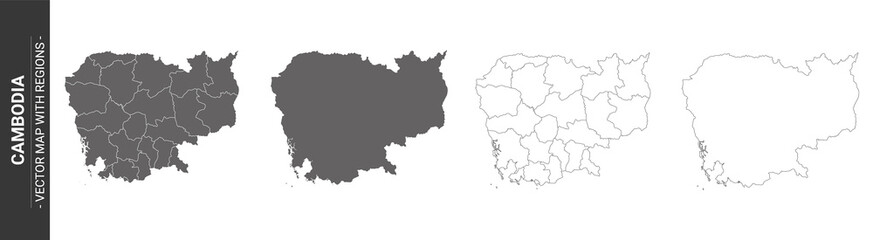 Wall Mural - set of 4 political maps of cambodia with regions isolated on white background