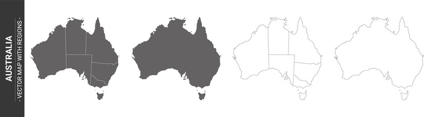 set of 4 political maps of Australia with regions isolated on white background