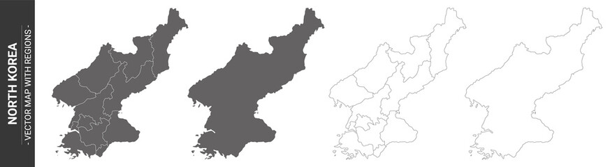  set of 4 political maps of North Korea with regions isolated on white background