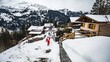 Santa Claus carrying his bag in a small town in the Switzerland mountains