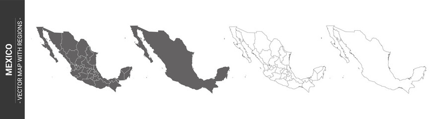 Wall Mural - set of 4 political maps of mexico with regions isolated on white background
