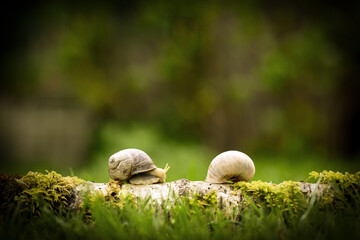 two slugs meet on a wooden branch, nature and animals, couple of animals in the wood, forest fauna