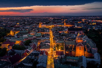 Aerial view of Old Town in Krakow at night