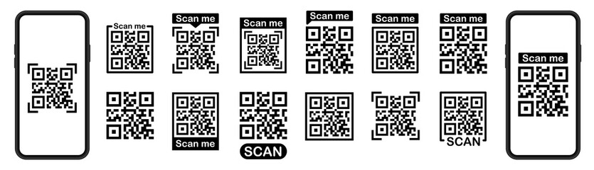 Canvas Print - Qr code set.QR code scan for smartphone.Scan bar label, qr code and industrial barcode.Template scan me Qr code for smartphone. Barcodes. Isolated vector icons set. Vector illustration.